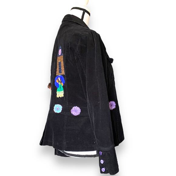 Reworked Embellished Corduroy Jacket Sz S/M Black Purple Flowers Doll People - Picture 8 of 13
